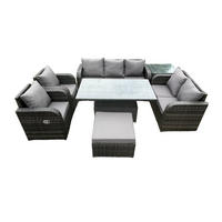 GARTENSOFA SET Polyrattan 8-Sitzer - Dunkelgrau/Grau, Glas/Kunststoff - Fimous
