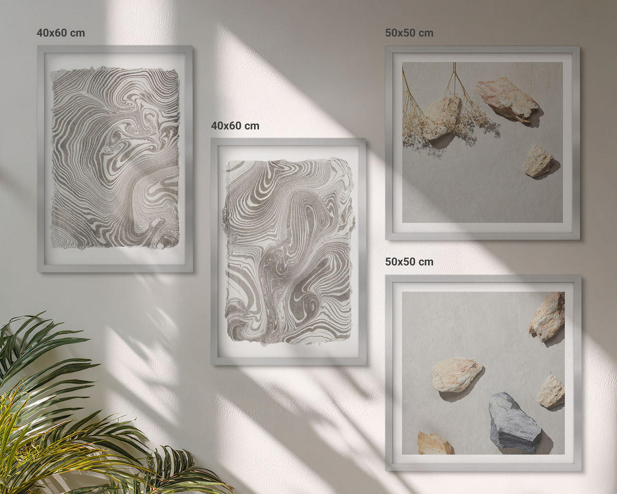 WANDBILDER 4er Set - 50x50 cm & 40x60 cm Silberner Rahmen - Moderne abstrakte Formen - Silberfarben, Kunststoff (50/50cm) - ArtPrintCave