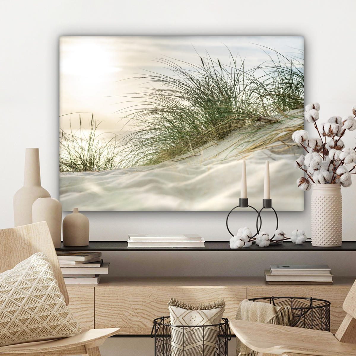 LEINWANDBILD Dünen mit Strandhafer in der Sonne des Nationalparks Schleswig-Holsteinisches Wattenmeer Wandbilder 80x60 cm - Creme, Textil (80/60cm) - MuchoWow