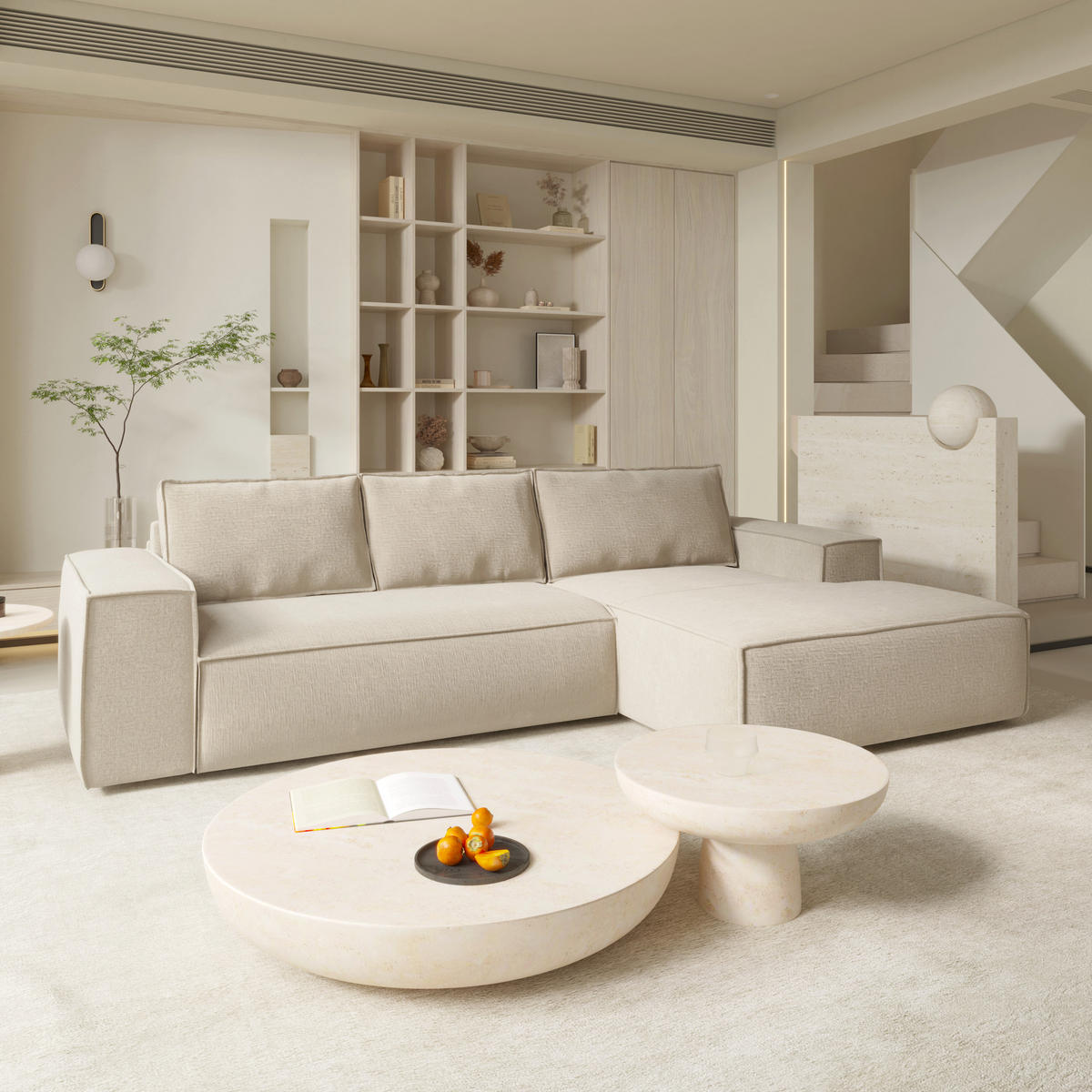 ECKSOFA RECHTS Samt Creme 302cm - Creme, Textil (302/165cm) - Sia Home