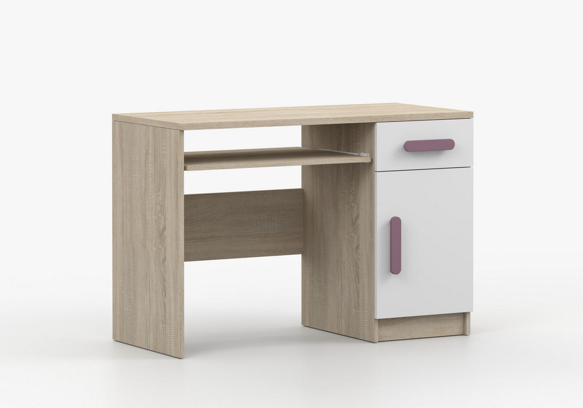 JUGENDZIMMER Elora in Eiche und Weiß – 4-teiliges Set mit Schreibtisch, Kommode, Wandregal und Schrank – Grifffarbe Erika - Braun, Holzwerkstoff (80/200/120cm)