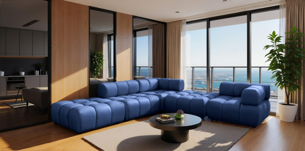 ECKSOFA Corner Modular, Veloursstoff Bluvel, Tintenblau, Links, Bolla - Blau, Holz (288/288cm) - Kaiser Möbel