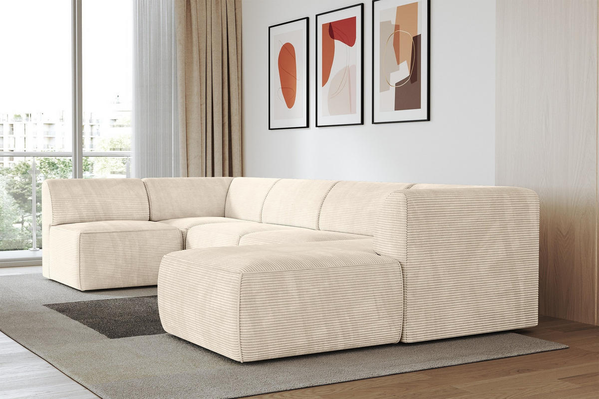 WOHNLANDSCHAFT Ottomane Rechts MOVA 345x180x78 Beige Cord - Kaschmir/Beige, Holzwerkstoff/Kunststoff (345/78/180cm) - ALTDECOR