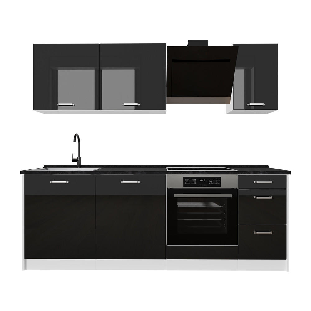 Vicco Küchenzeile Schwarz Hochglanz, Weiß 220x81.6x60 cm