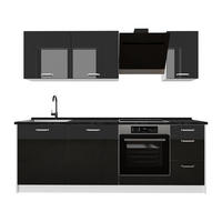 KÜCHENZEILE R-Line, Schwarz Hochglanz/Weiß, 220 cm Arbeitsplatte Anthrazit - Schwarz Hochglanz/Weiß, Holzwerkstoff (220/81.6/60cm) - Vicco