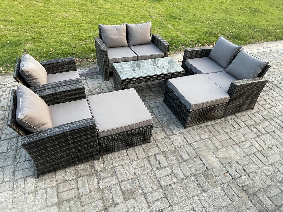 GARTENMÖBEL-SET mit Kissen Polyrattan Dunkelgrau 8-Sitzer - Dunkelgrau, Metall - Fimous