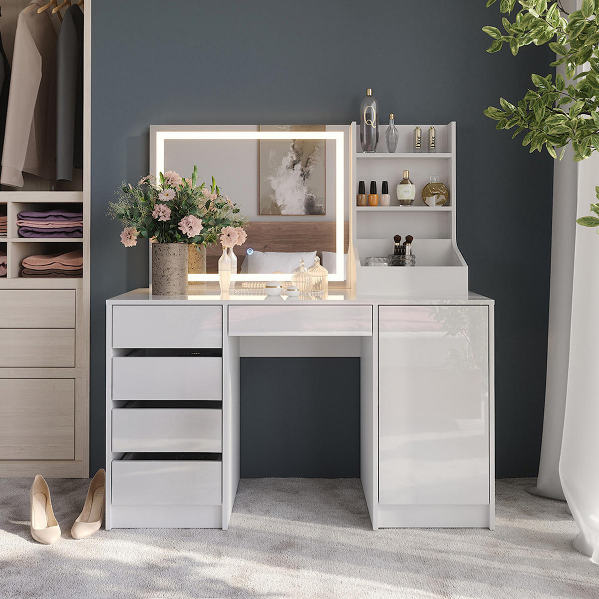 SCHMINKTISCH Sherry Weiß/Weiß Hochglanz 128.2 cm 4 Teile - Weiß Hochglanz, Holzwerkstoff (128.2/76/50.1cm) - Vicco