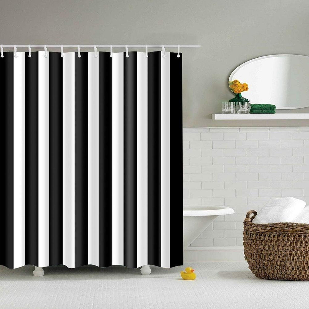 DUSCHVORHANG Schwarz Weiß gestreift Digitaldruck 180 x 180 cm Dekoration Badezimmer mit Haken - Weiß, Textil (180/180cm) - MCBOSON