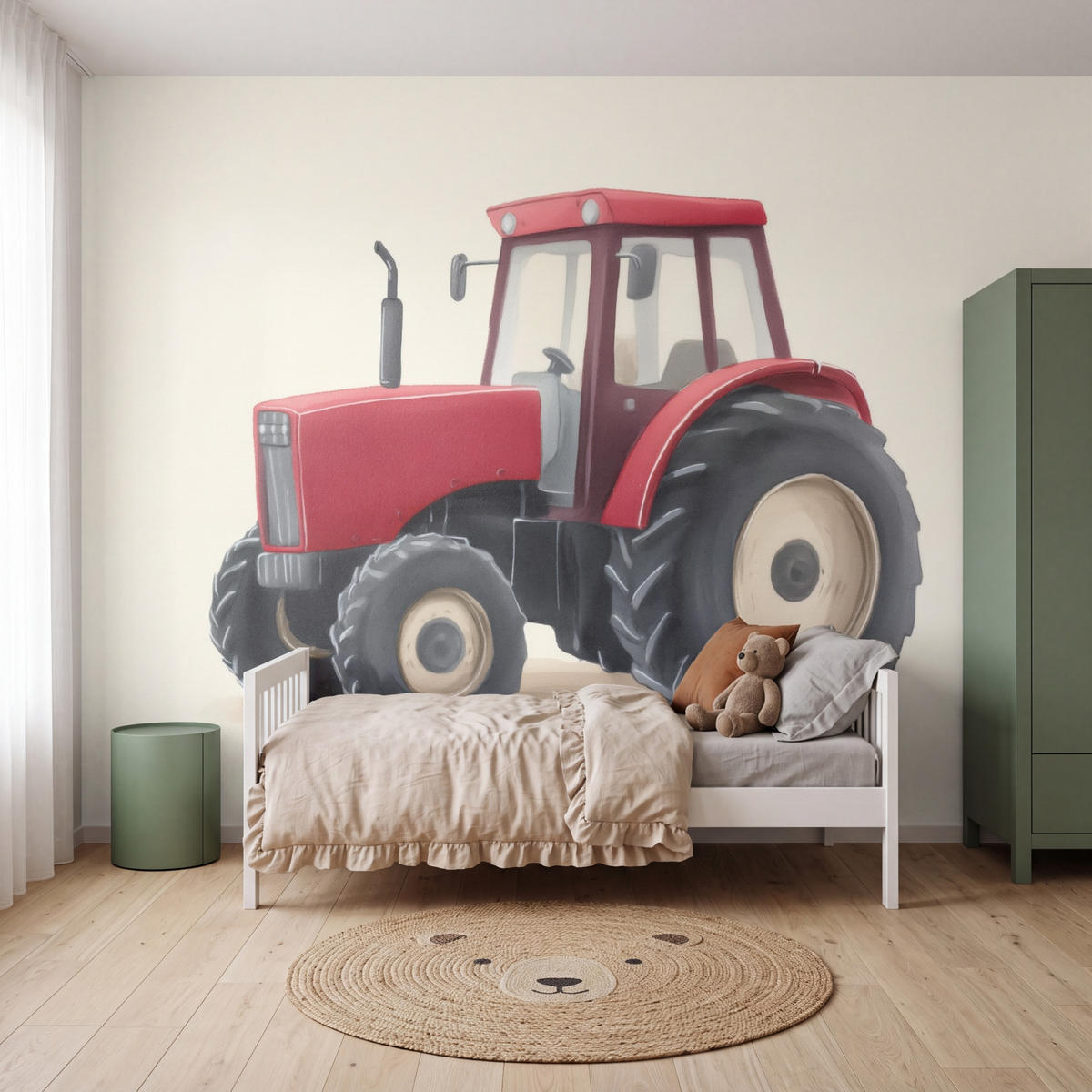 KINDERTAPETE - Traktor - Minimalistisch - Illustration - Rot - 400x300 cm - Rot, Papier (400/300cm) - OnlyWow