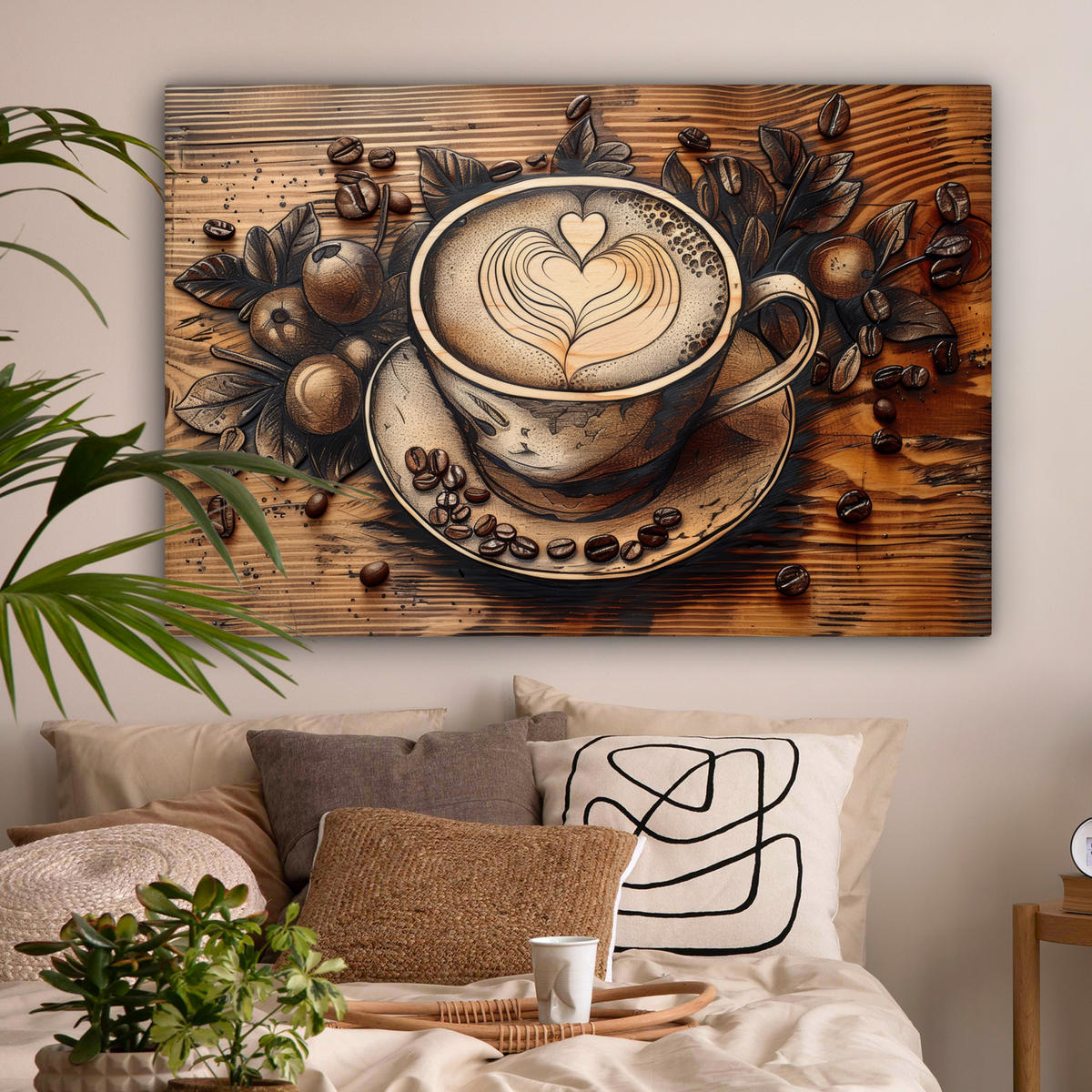 LEINWANDBILD Kaffee - Vintage - Braun - Tasse - Holz XXL 150x100 cm - Braun, Textil (150/100cm) - MuchoWow