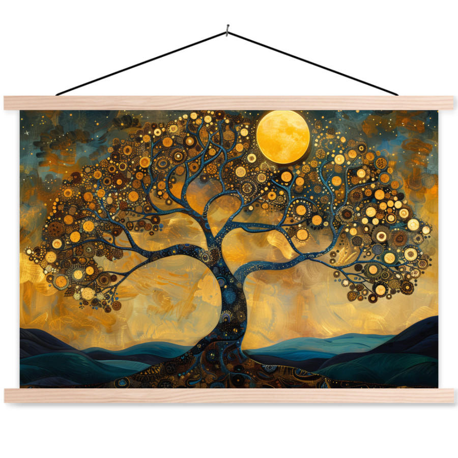 MuchoWow PLAKÁT S MAGNETICKOU LIŠTOU Strom - Měsíc - Květiny - Zlato - Umění 90x60 cm