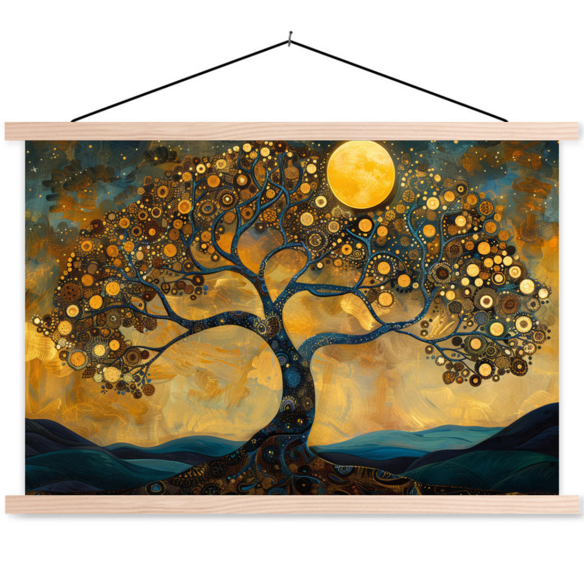 POSTER Baum - Mond - Blumen - Gold - Kunst 60x40 cm - Orange, Textil (60/40/0.15cm) - MuchoWow