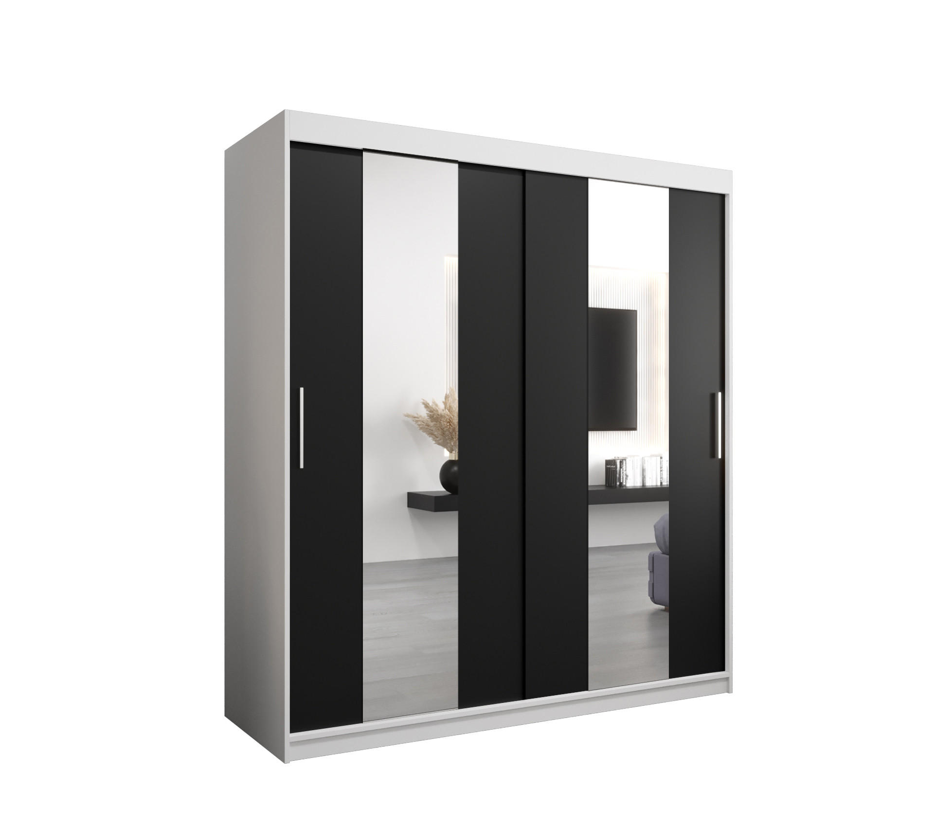 Abiks Möbel Schwebetürenschrank Weiß, Schwarz 180x200x62 cm