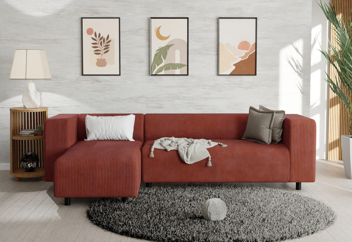 ECKSOFA Tove Terrakotta Cord - Ottomane links - Terra cotta/Schwarz, Holz/Kunststoff (240/142cm) - S-Style Möbel