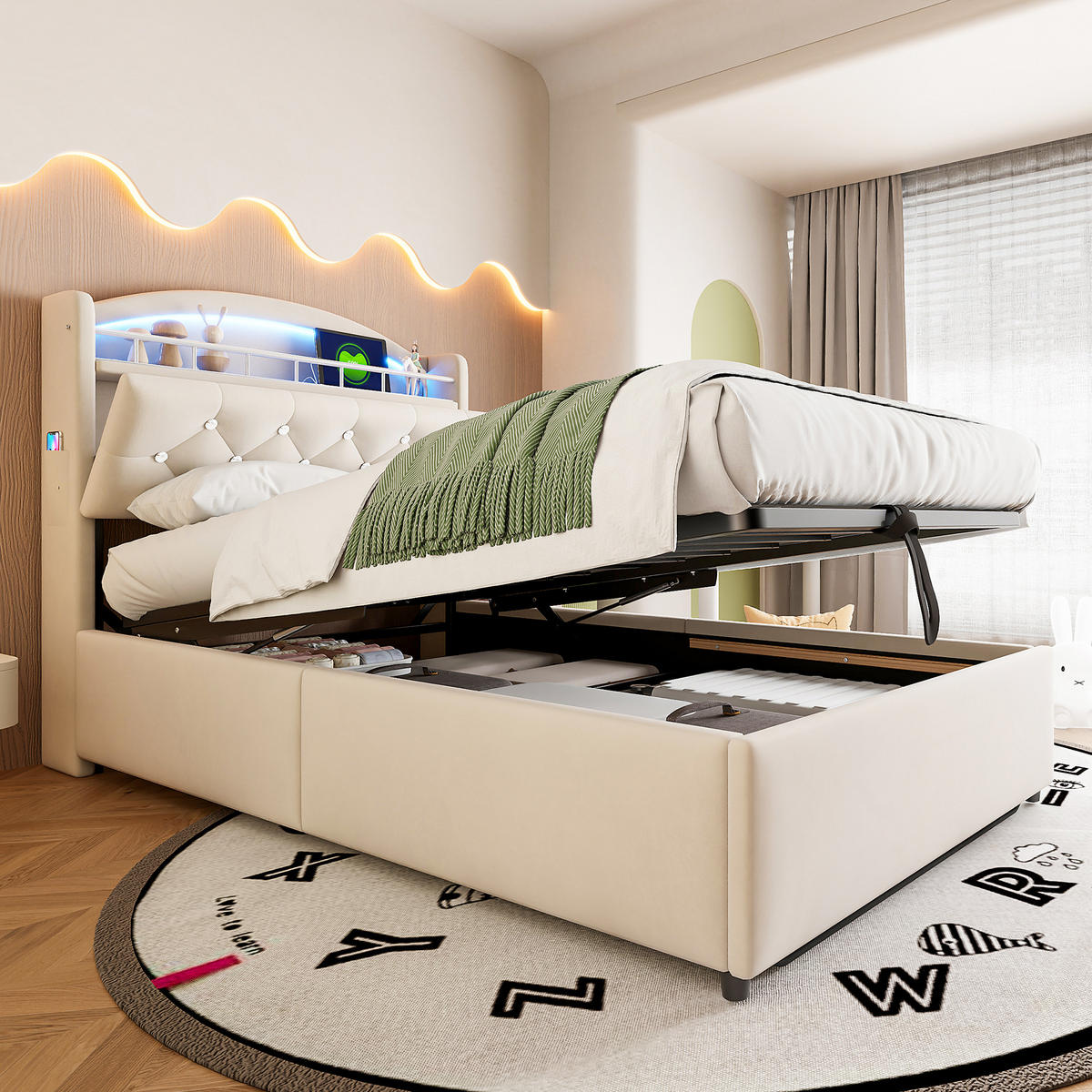 POLSTERBETT Kinder 90/200 cm Beige mit Stauraum, LED und USB-Anschlüssen - Beige, Textil (90/200cm) - OKWISH