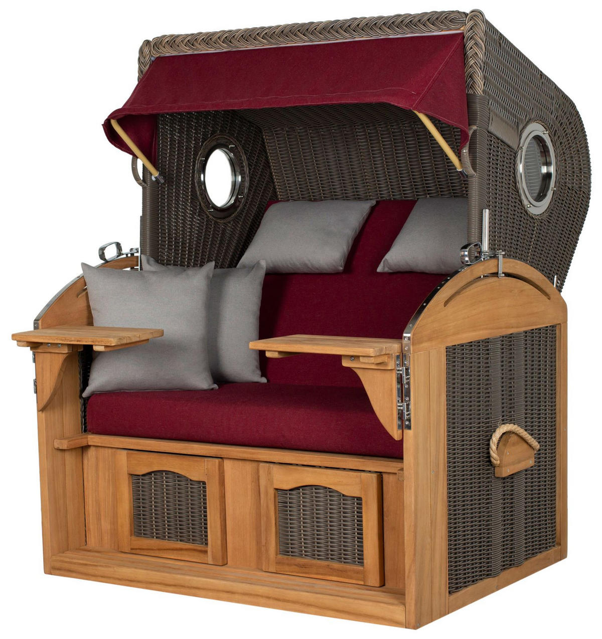 STRANDKORB Komplettset: Borkum XL Teak Bullauge - PE grau - Modell 594 - Rot/Grau, Holz/Kunststoff (142/170/95cm) - bene living