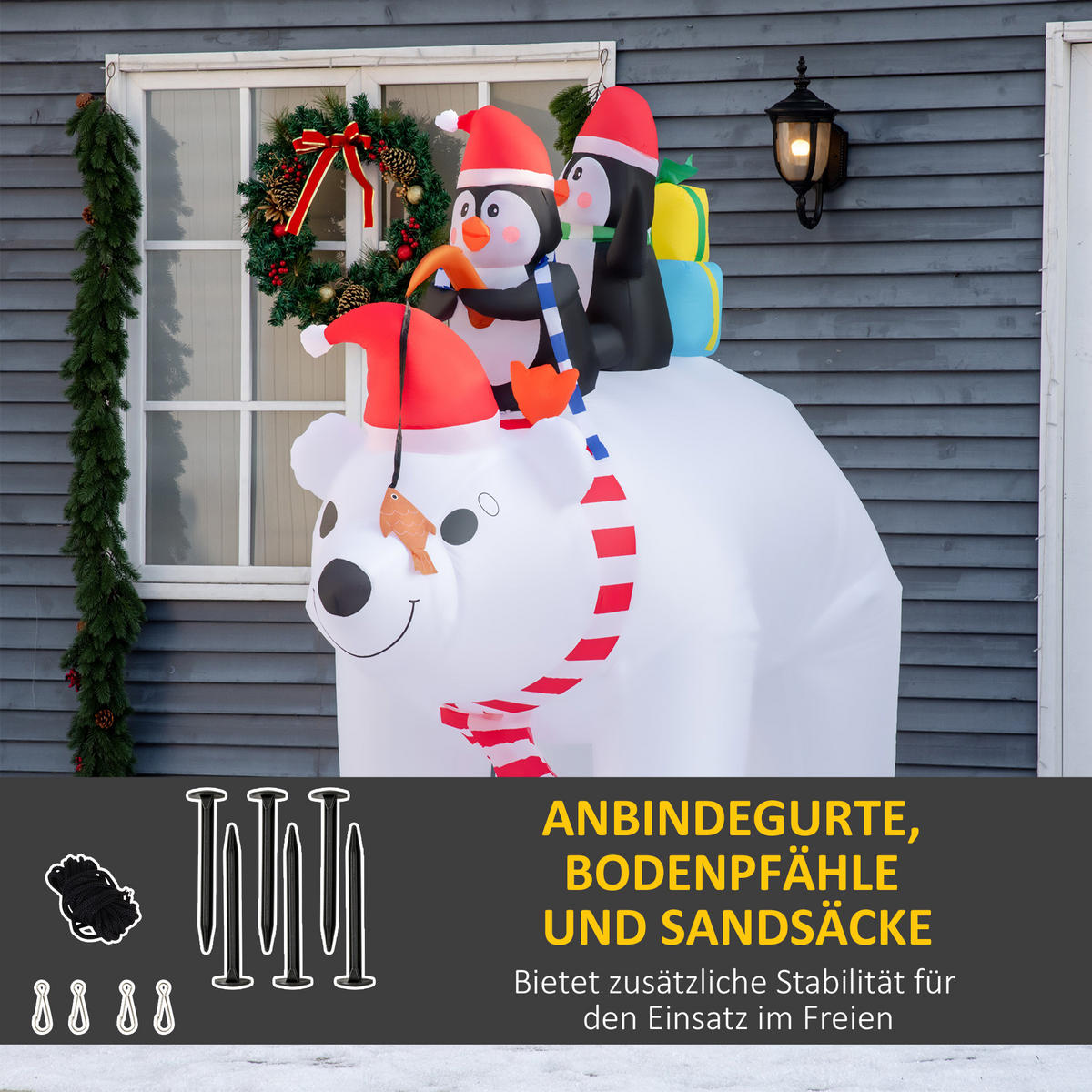 AUFBLASBARE Pinguine auf Eisbär, Polyester, Weiß+Rot+Schwarz - Multicolor, Kunststoff (113/206/227cm) - HOMCOM