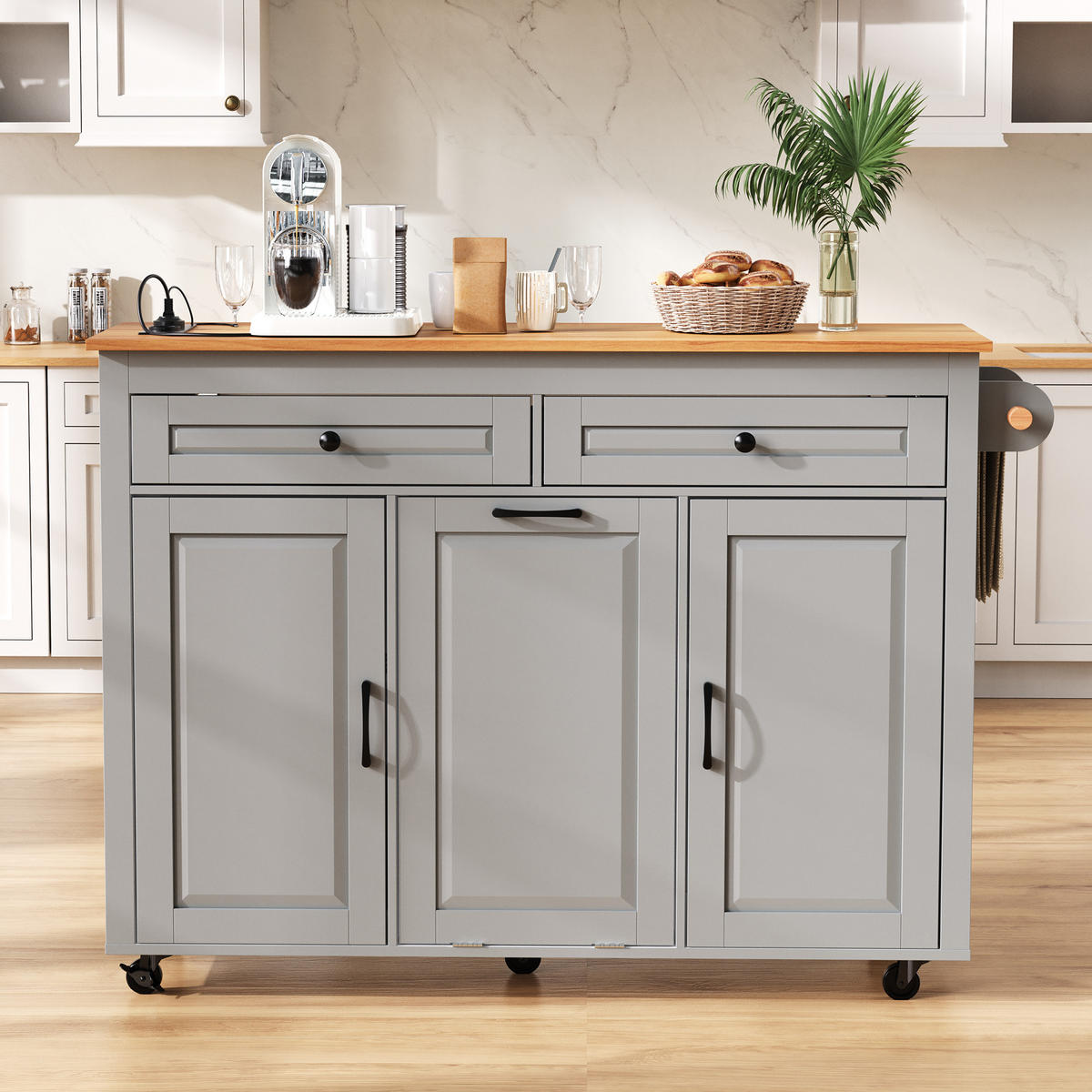 KÜCHENINSEL 120x75x92cm Grau mit Ausziehplatte,Mülleimerfach & Rollen - Grau, Holzwerkstoff (120/92/75cm) - Modfu