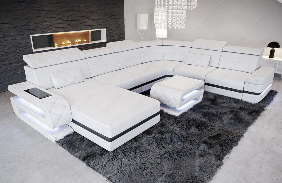 WOHNLANDSCHAFT Bologna Weiß Schwarz Büffelleder - Weiß, Leder (397/89/299cm)