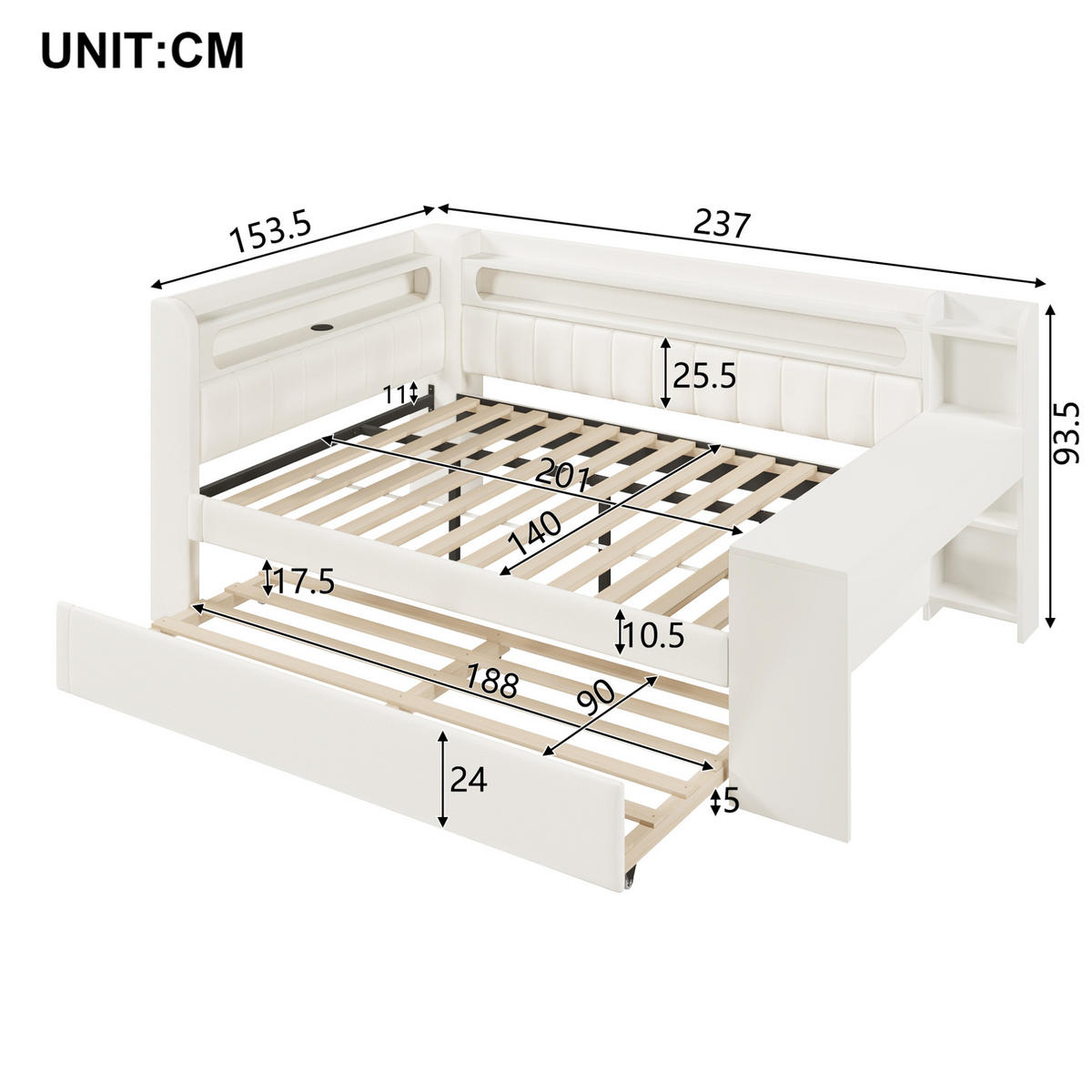 POLSTERBETT 140/200 cm Weiß aus MDF, Sperrholz und Leinen mit Ausziehbett, USB und LED - Weiß, Holzwerkstoff (140/200cm) - OKMYHOME