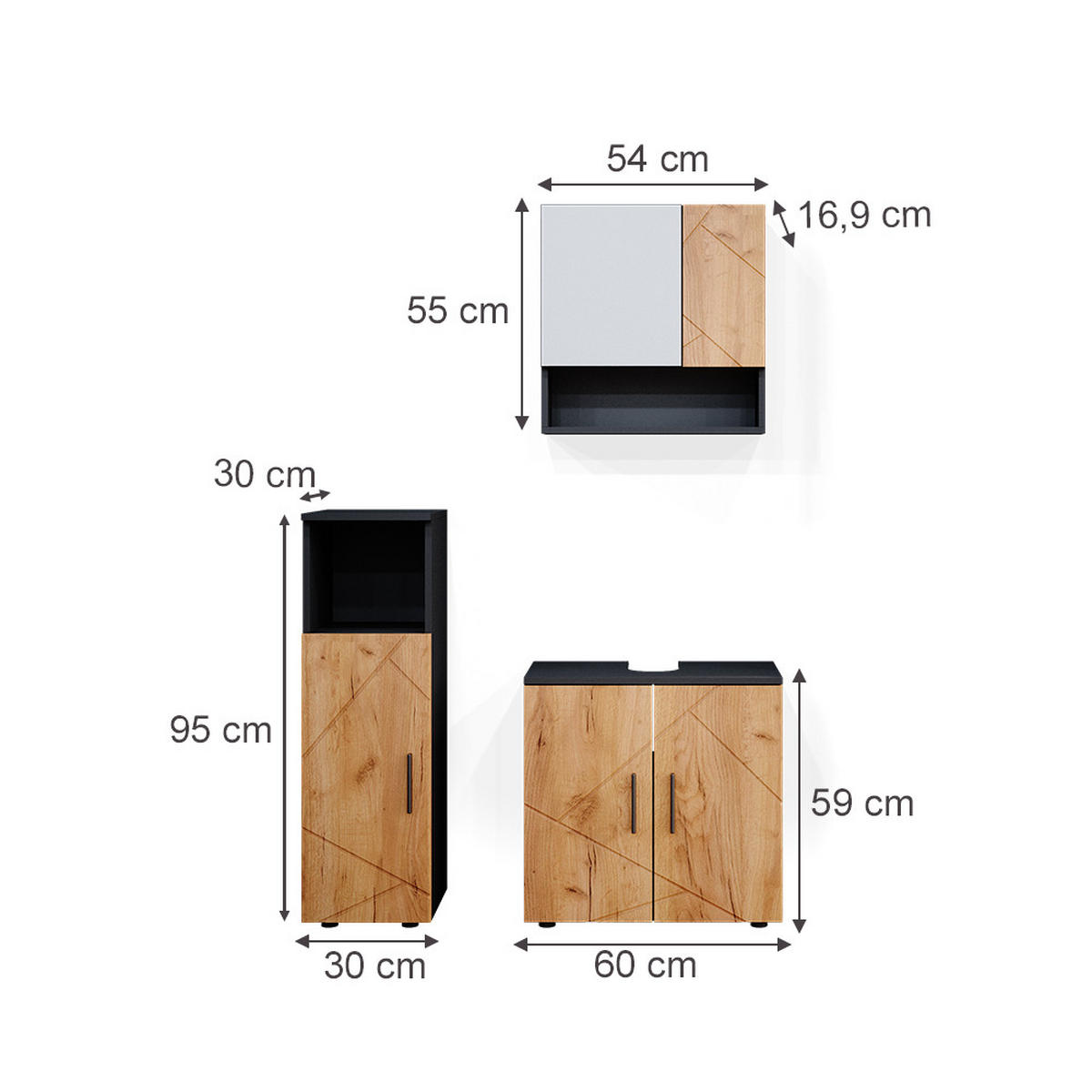 BADMÖBEL-SET Irma Goldkraft Eiche/Anthrazit 3 Teile - Anthrazit/Eiche Wotan, Holzwerkstoff (80/58.6/41cm) - Vicco
