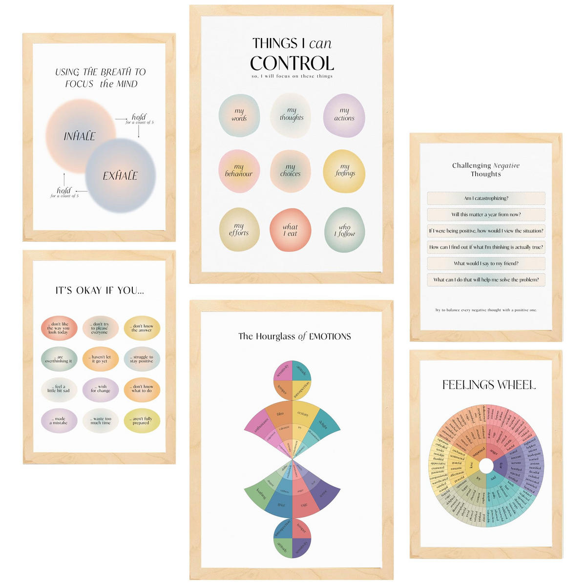 POSTER Set Mit 6 Wellness A3 & A4 Rahmen Aus Hellem Holz - Beige, Papier (29/3cm) - Nacnic