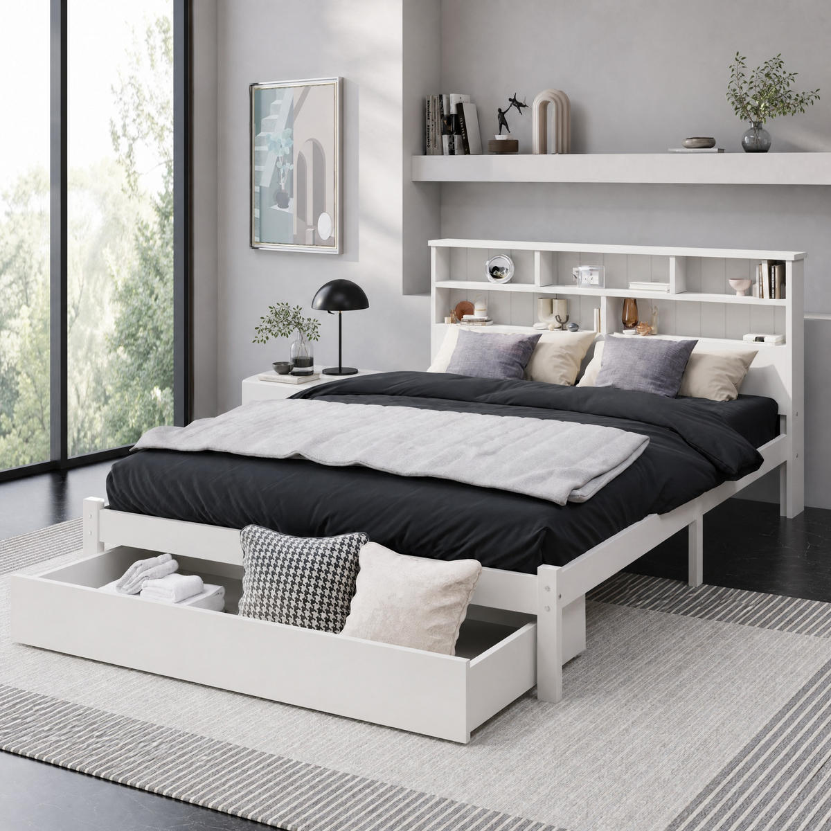 JUGENDBETT 140/200 mit Schubladen und Bücherregal in Weiß - Beige, Holzwerkstoff (140/200cm) - EVRYAE