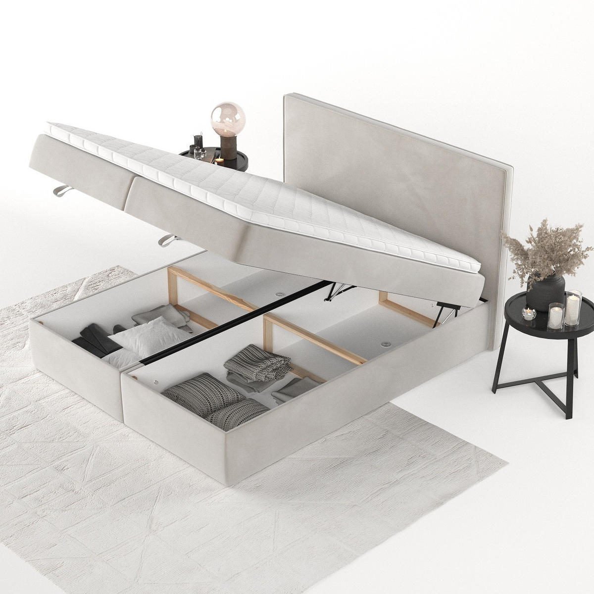 BOXBETT Velma 180/200 cm Hellbeige im Paros Stoff - Beige/Schwarz, Holz/Holzwerkstoff (180/200cm) - AltaBeds