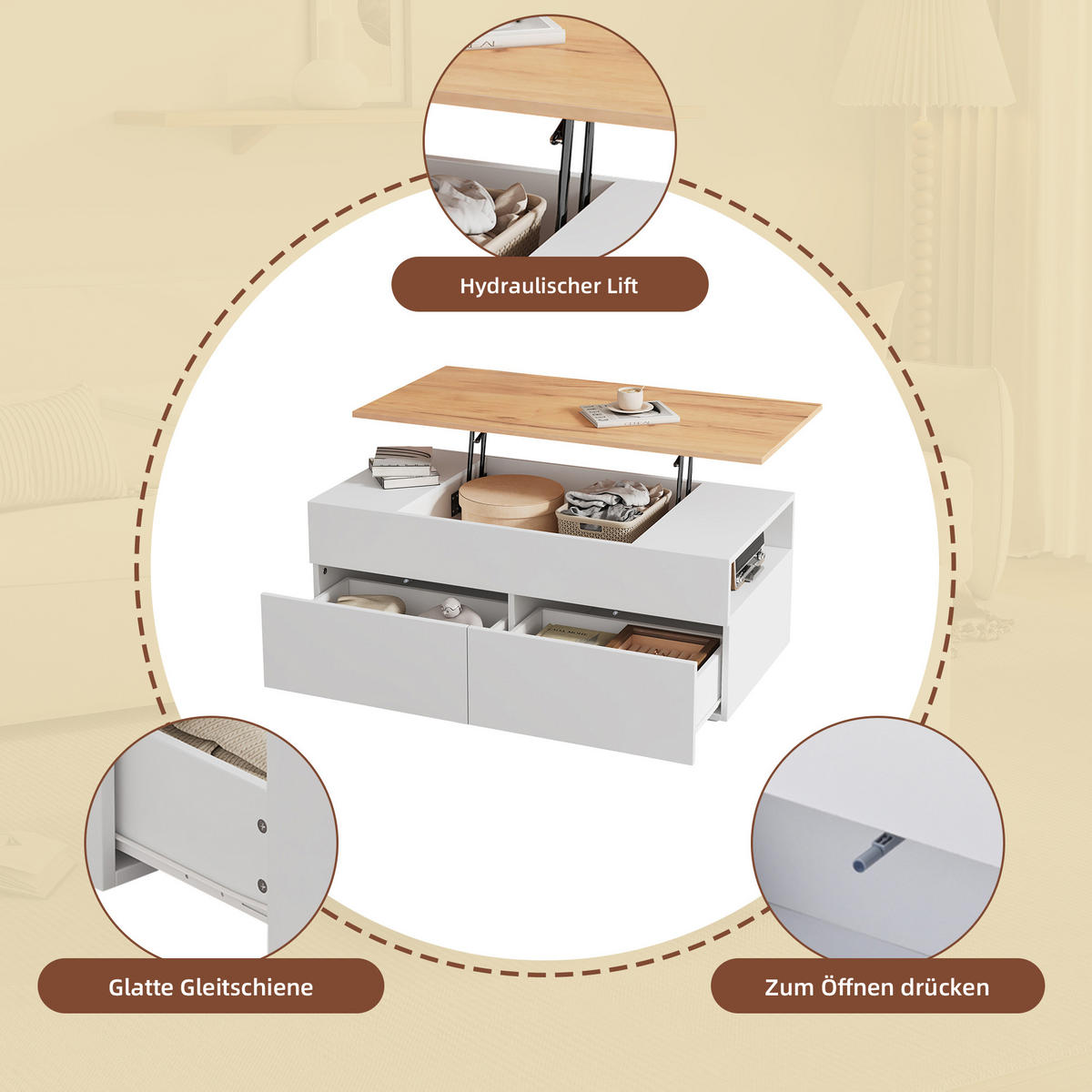 COUCHTISCH 100/50/40 cm Weiß Holzoptik höhenverstellbar mit 2 Schubladen und Stauraum - Weiß, Holzwerkstoff (100/50/40cm) - OKWISH