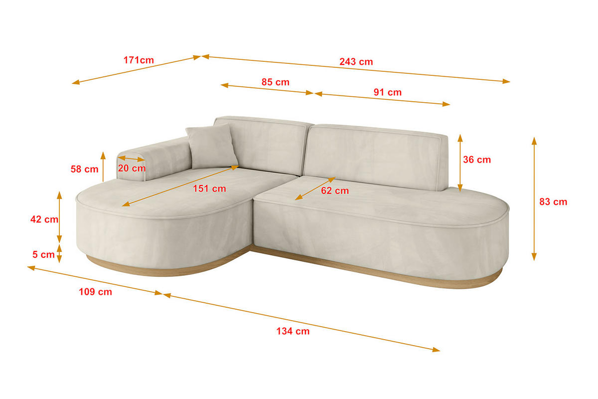 ECKSOFA Ottomane Links MARI-L1-v2 - 243x171x83 cm Ecru Velours - Ecru, Holzwerkstoff/Textil (243/171cm) - ALTDECOR