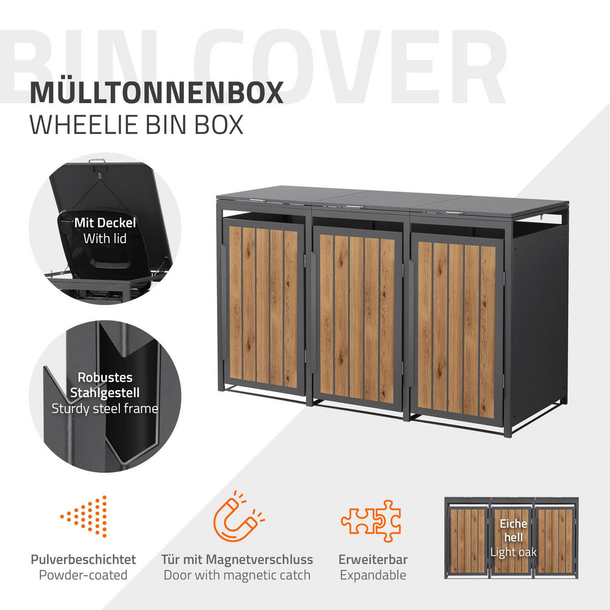 MÜLLTONNENBOX 3er 240L 196x80x120 cm Anthrazit-Eiche hell aus Stahl - Hellbraun, Metall (80/120/196cm) - ML-DESIGN