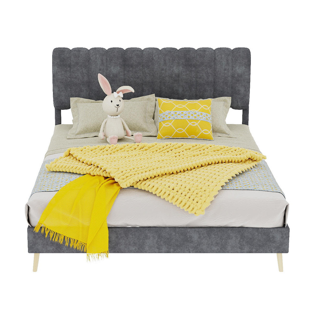 POLSTERBETT 140/200 cm mit hohem Kopfteil und Matratze, Samtstoff und Metall, Grau - Grau, Textil (140/200cm) - Redom