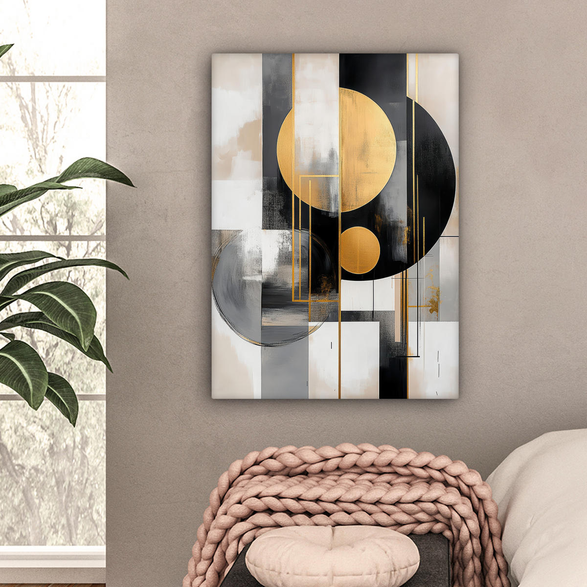 LEINWANDBILD Abstrakt - Gold - Silber - Formen - Ästhetisch - Modern Wandbild Wohnzimmer 60x80 cm - Goldfarben, Textil (60/80cm) - MuchoWow