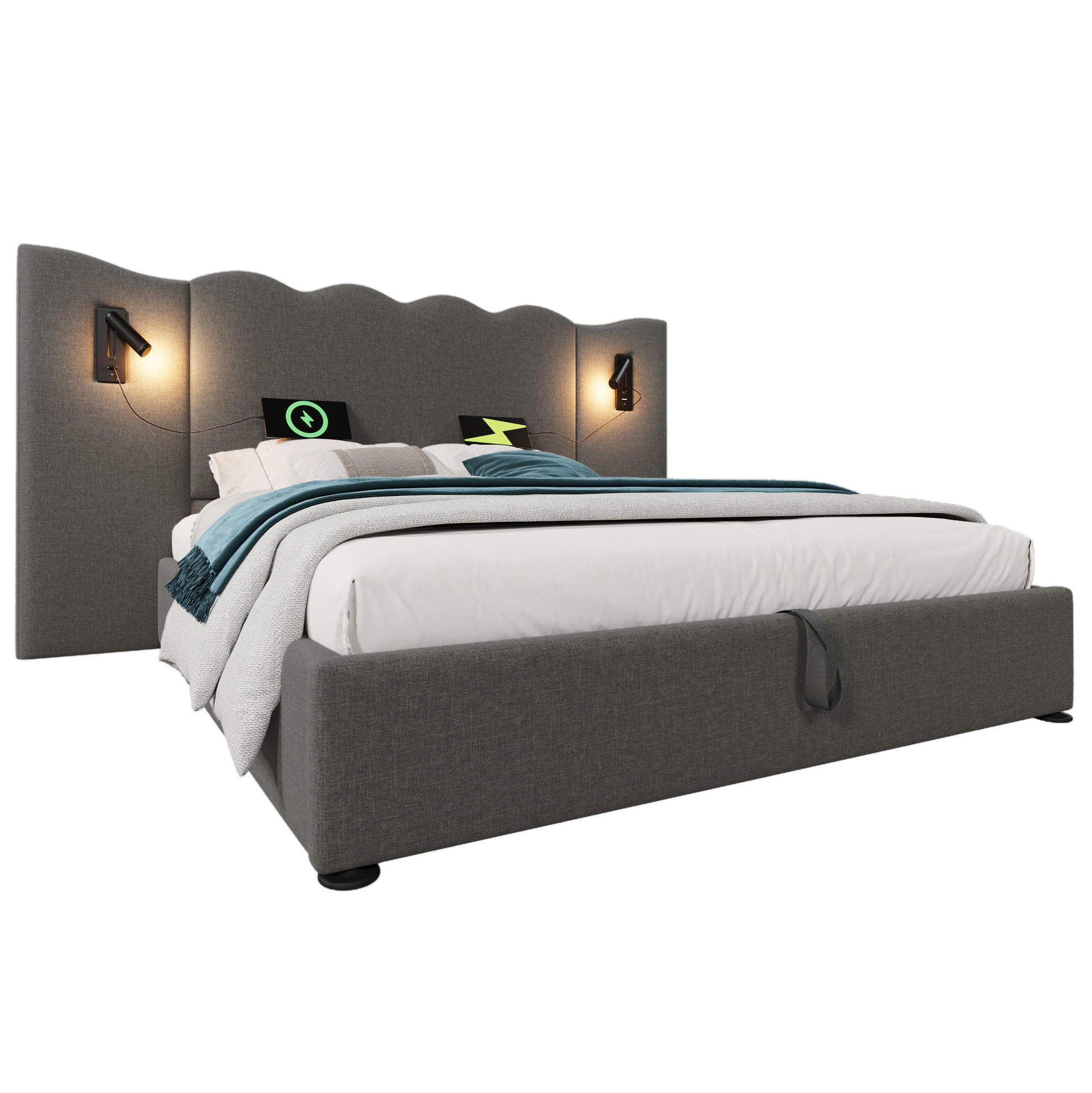 POLSTERBETT 180/200 cm Grau mit Stauraum, Leselampe und USB- und Type-C-Anschlüssen - Grau, Textil (180/200cm) - Flora Grace