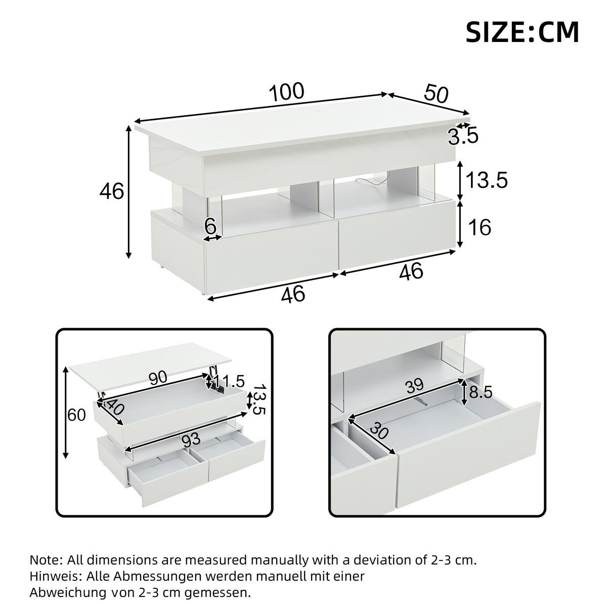 COUCHTISCH 100/50/46 cm in Weiß mit höhenverstellbarer Platte und LED-Beleuchtung - Weiß, Holzwerkstoff (120/50/46cm) - Flora Grace