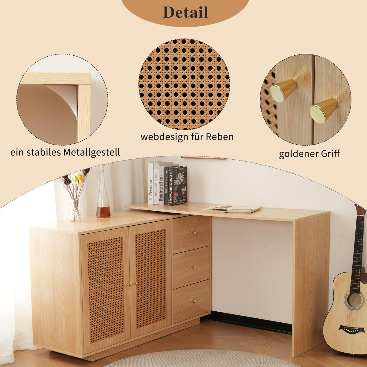 SIDEBOARD mit Türen & Schubladen in Eichenoptik - Eichefarben, Holzwerkstoff (126/75/40cm) - Urban Meuble