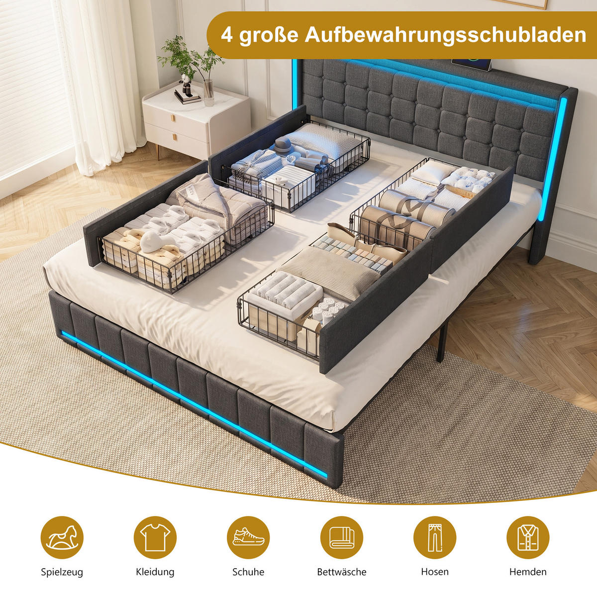 POLSTERBETT,DOPPELBETT 180/200 cm Dunkelgrau，mit 4 Schubladen und Ladefunktion - Naturfarben/Grau, Holz/Textil (180/200cm) - FURNISHINGS HOME