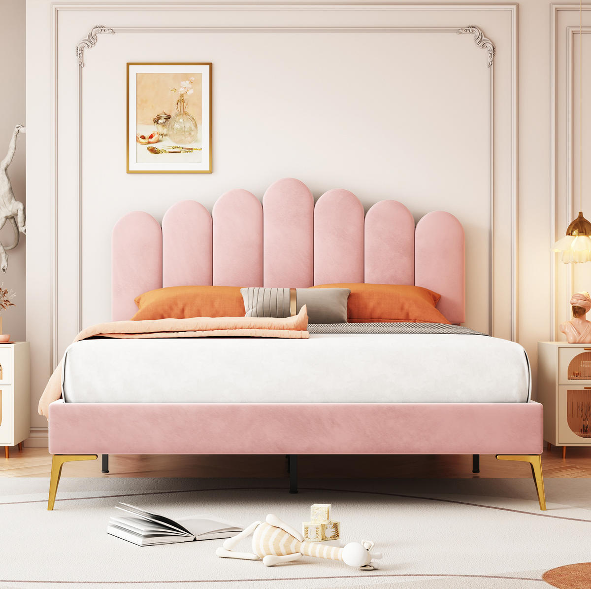POLSTERBETT mit verstellbarem Kopfteil 140x200 cm Samt Pink - Pink, Metall (140/200cm) - Meubliv
