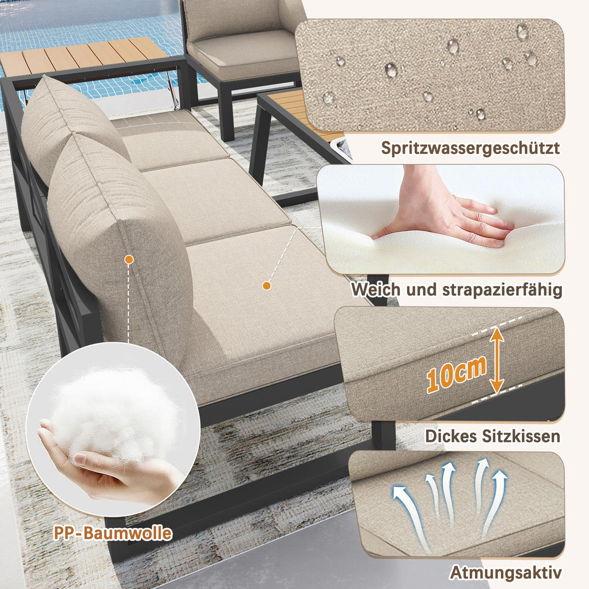 GARTENLOUNGE Grau Beige modular verstellbar Metall Eisbehälter Kissen - Beige, Metall - FLIEKS