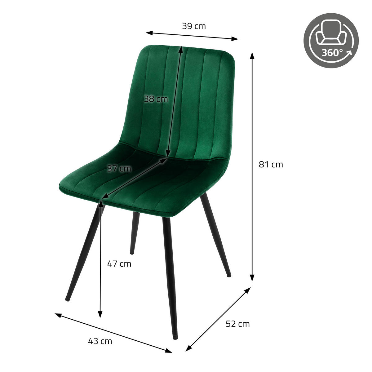 ESSZIMMERSTÜHLE 2er Set drehbar Küchenstühle gepolstert aus Samt Dunkelgrün - Dunkelgrün/Schwarz, Textil/Metall (43/81/52cm) - ML-DESIGN