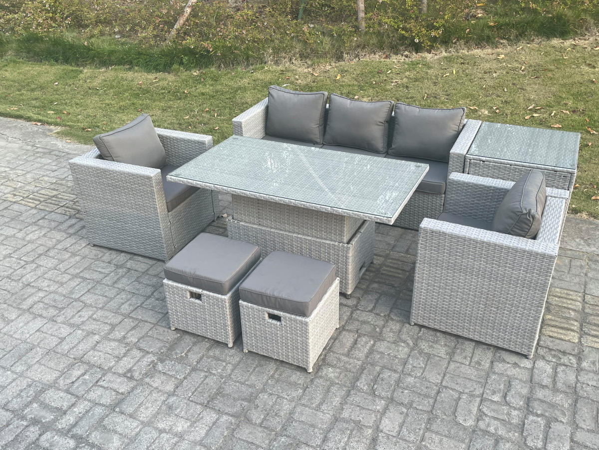 GARTENSOFA SET mit höhenverstellbarer Tisch Polyrattan Helles Grau 7-teilige - Hellgrau, Metall - Fimous