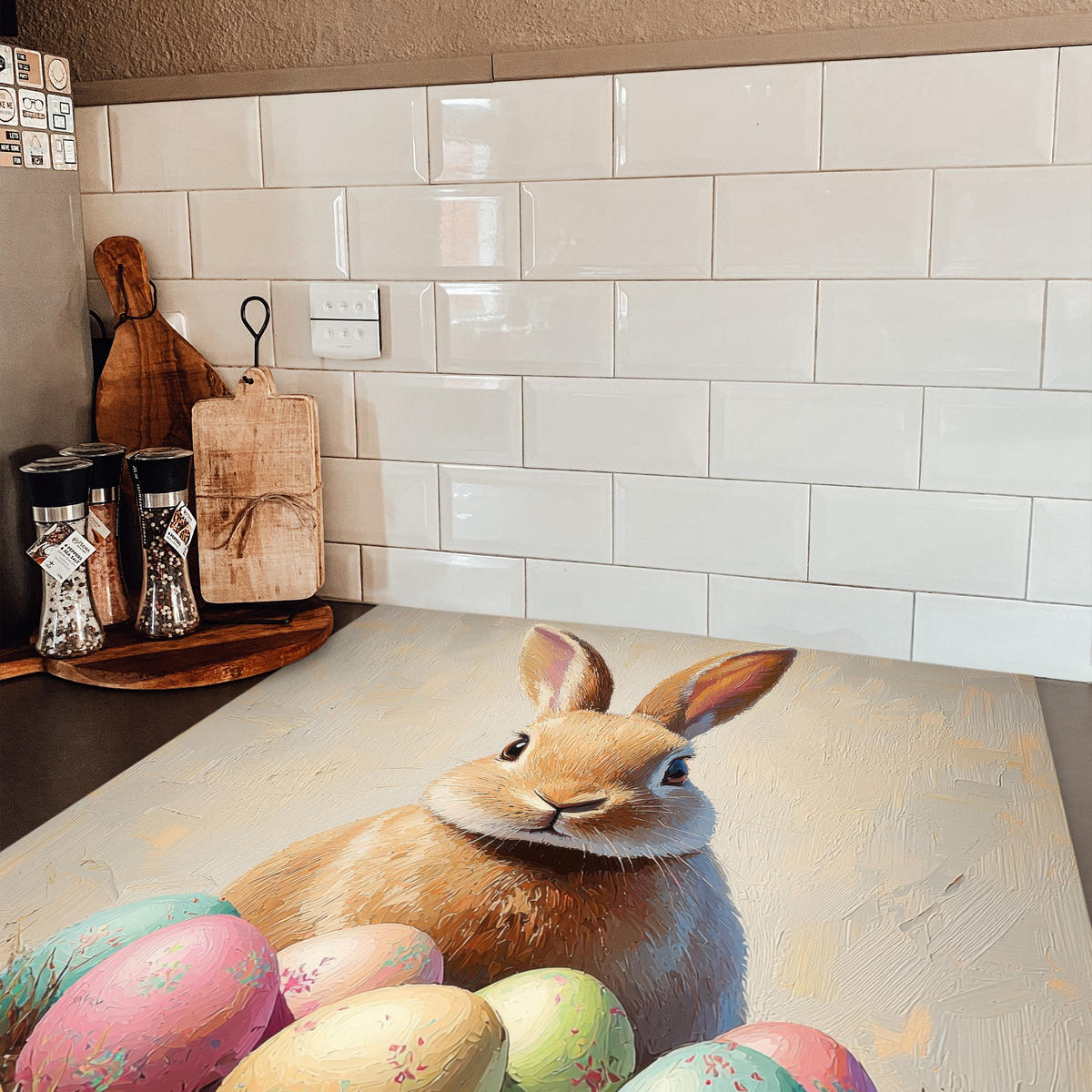 HERDABDECKPLATTE Osterhase - Pastell - Eier Induktionsmatte 78x78 cm - Beige, Kunststoff (78/78/0.2cm) - MuchoWow