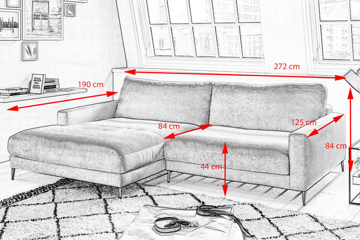 ECKSOFA CARA Braun Cord - Dunkelbraun/Schwarz, Textil/Metall (272/190cm) - KAWOLA