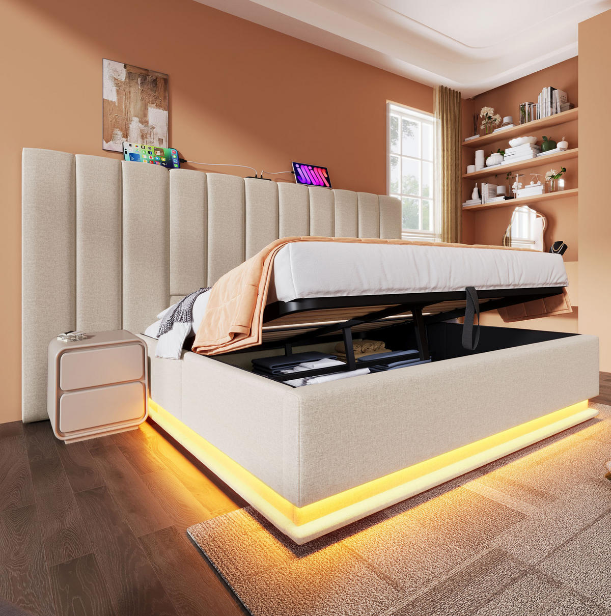 POLSTERBETT 180/200 cm Beige mit Stauraum, LED-Beleuchtung und USB-Anschlüssen - Beige, Textil (180/200cm) - Flora Grace