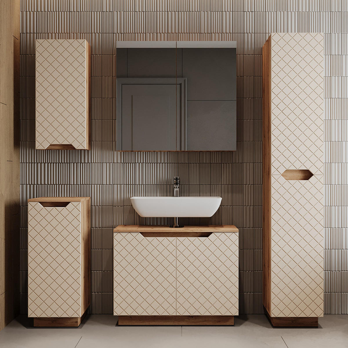 BADMÖBEL-SET Lotta Eiche/Kaschmir mit Kachelstruktur 4 Teile - Kaschmir/Eichefarben, Holzwerkstoff (79.6/62.1/32cm) - Vicco