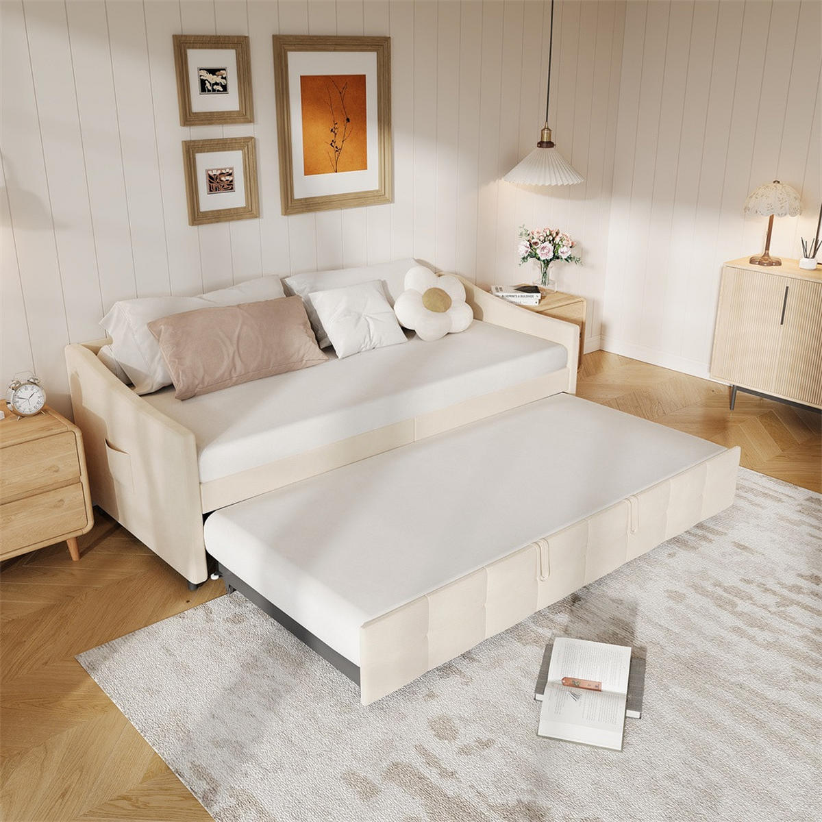 POLSTERBETT 90x200cm mit Ausziehfunktion 90x190cm - Doppelbett 90x200cm&90x190cm - ohne Matratze - Creme - Creme, Textil (90/200cm) - DELFA