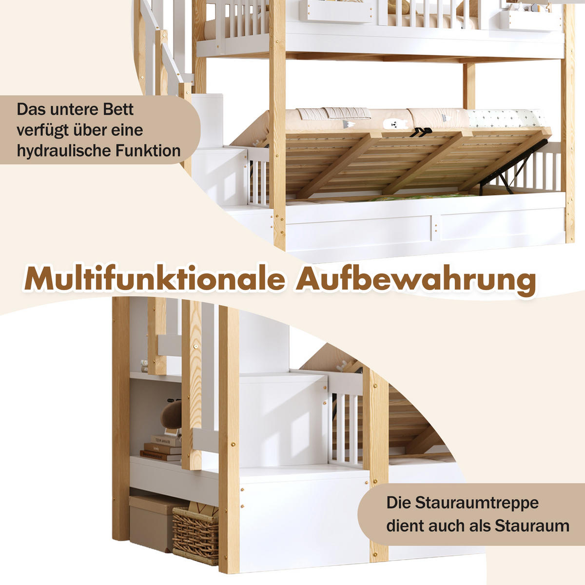 HAUSBETT 90/200 cm aus Kiefer mit Stauraumtreppe und LED-Beleuchtung - Weiß, Holzwerkstoff (90/200cm) - BEAOK