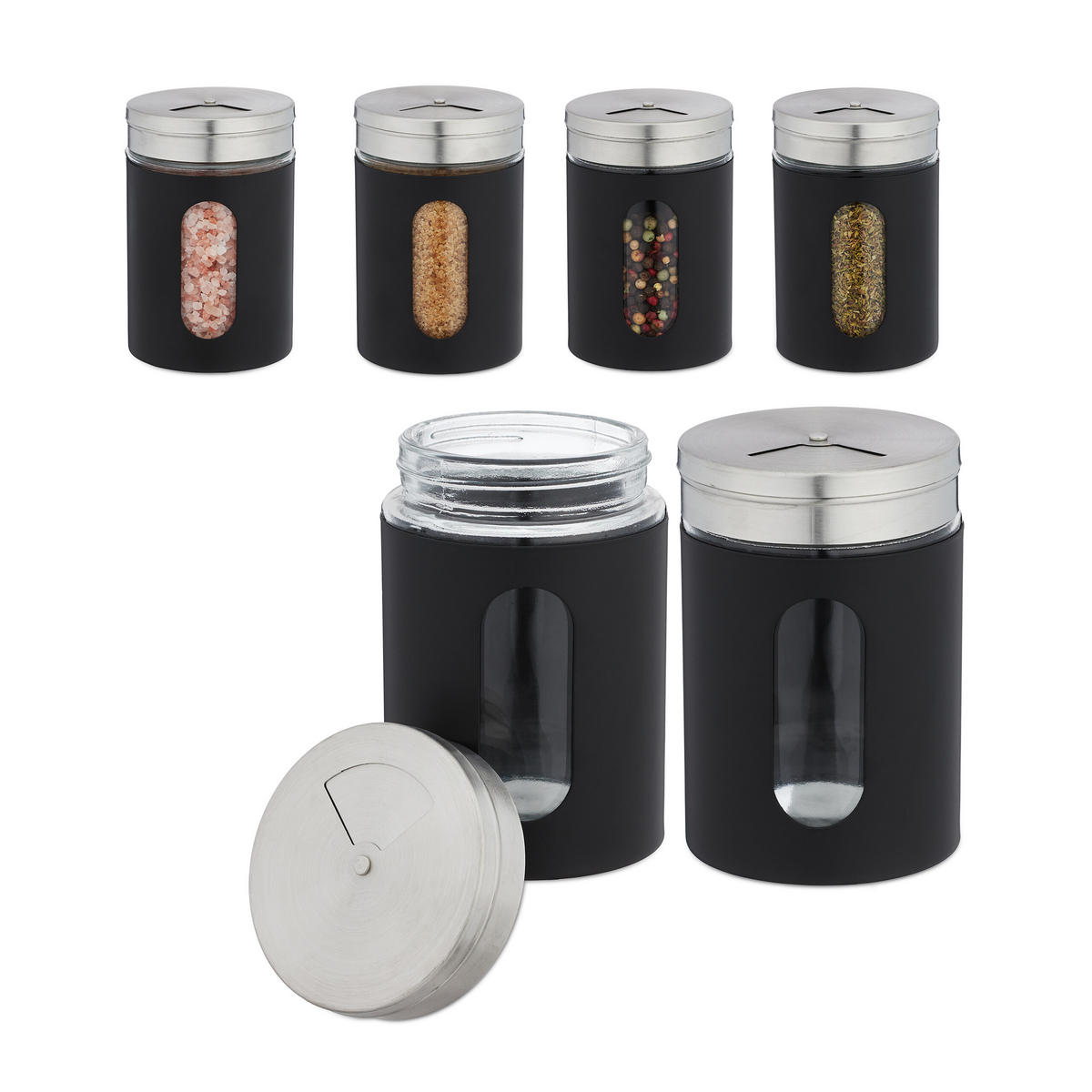 6xGEWÜRZSTREUER - Schwarz, Glas/Metall (7/11/7cm) - Relaxdays