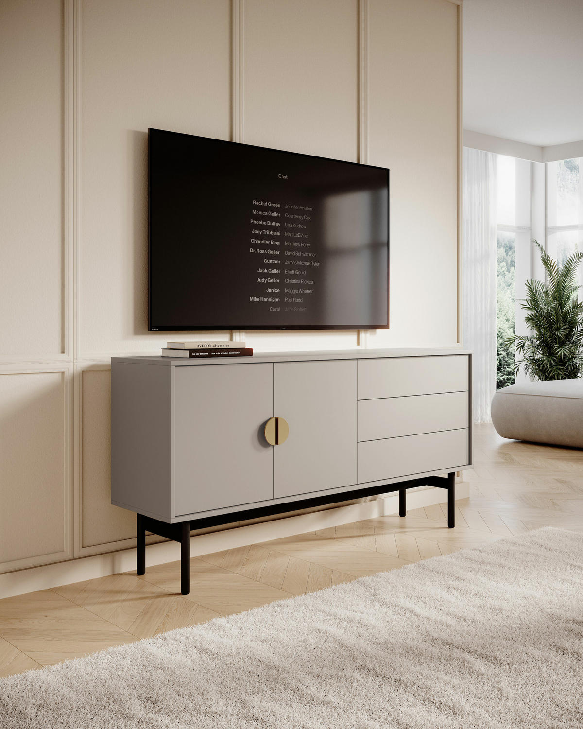 TV-SCHRANK Stoon Grau-Beige 154 cm - Greige/Goldfarben, Holzwerkstoff/Metall (154/76/38cm) - Selsey