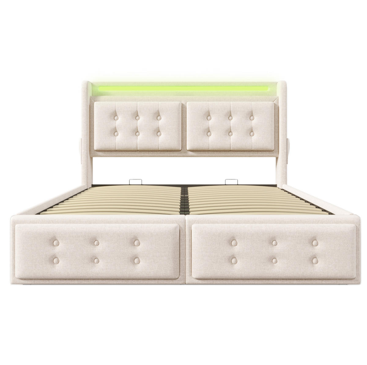 POLSTERBETT aus Baumwoll-Leinenstoff 160x200 cm Beige mit LED, Steckdosen, USB-C und Stauraum - Beige, Textil (160/200cm) - IVMEU
